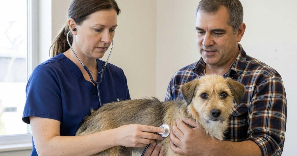 A veterinarian examining a mixed-breed dog on an exam table while its owner gently holds the dog, illustrating low-cost vet care in Canada.