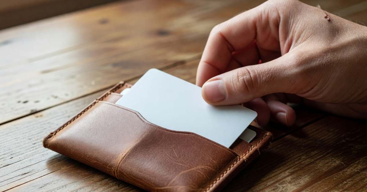 Close-up of a hand sliding a plain blank credit card back into a slim leather wallet that holds just one other card, illustrating lowering credit utilization in Canada.