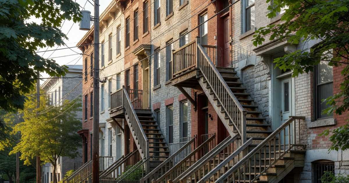 A Montréal street of plexes with outdoor staircases and overhead wires in late afternoon light, illustrating lowering a home internet bill in Montréal.