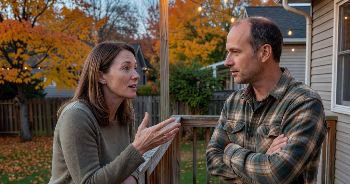 A couple in their forties on a back deck at dusk, the woman leaning on the railing and talking, the man listening, illustrating ways to lower mortgage payments in Canada.