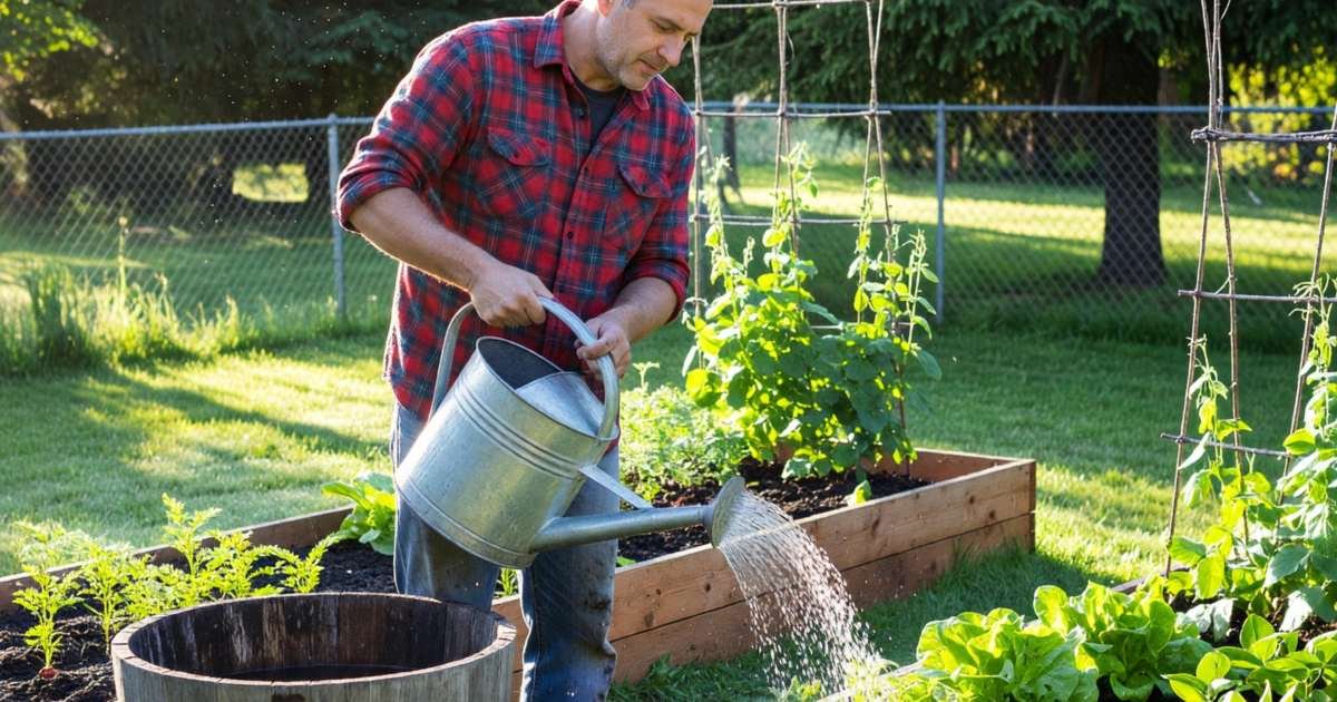 A man watering a garden with a watering can drawn from a rain barrel, illustrating lowering municipal water and sewer bills in Canada.