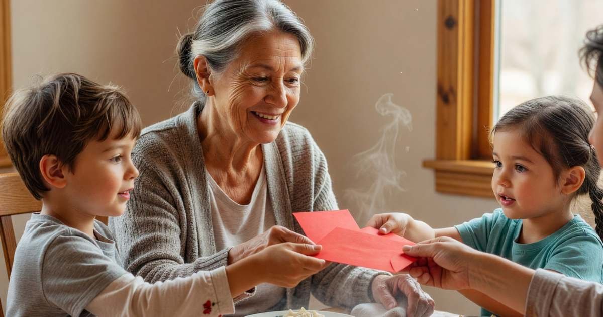 A grandmother handing red envelopes to grandchildren at a Lunar New Year family dinner, illustrating Lunar New Year 2027 budget.