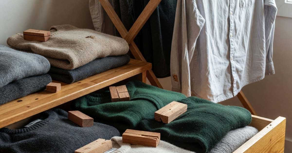 Wool sweaters folded with cedar blocks in a drawer and a drying rack of shirts nearby, illustrating making clothes last longer.