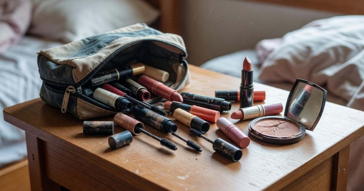 A makeup bag spilling out older mascaras, lipsticks and a compact onto a vanity, illustrating makeup and toiletry expiry and shelf life.