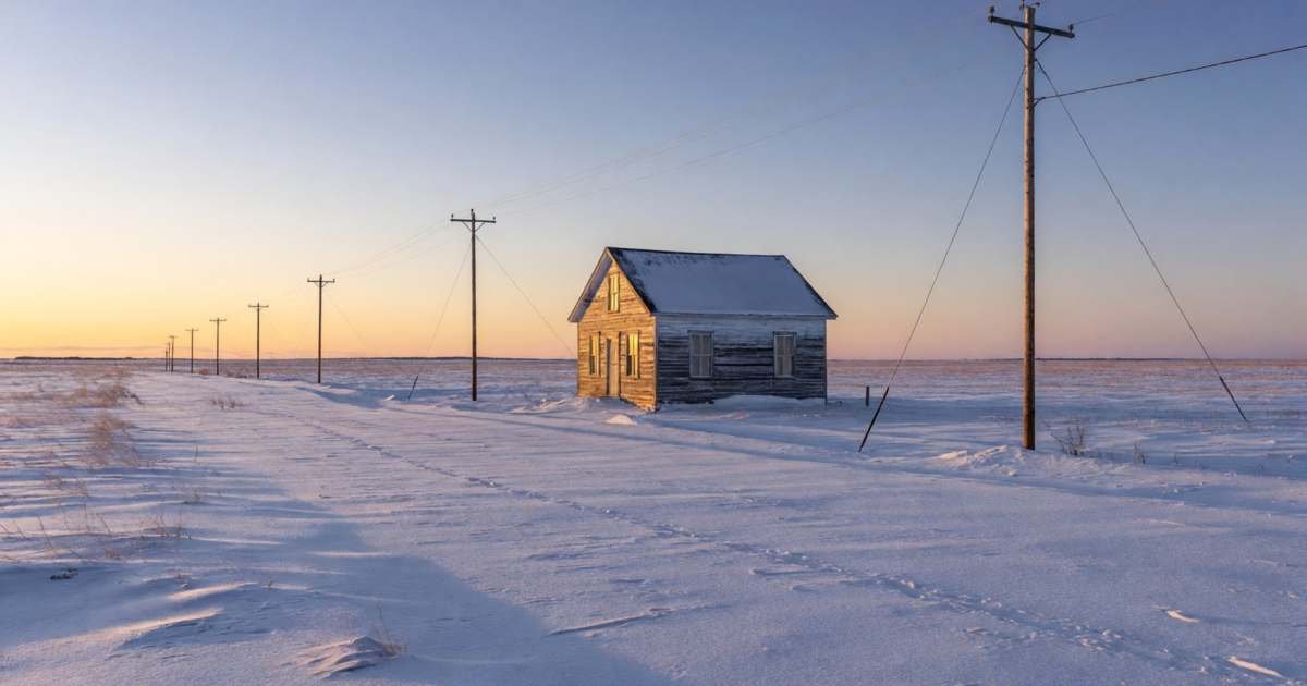 A farmhouse on the open prairie in winter with power lines leading to it, illustrating reading and trimming a Manitoba Hydro bill.