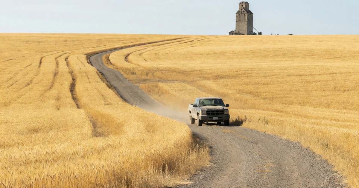 A pickup truck on a gravel road between golden wheat fields, illustrating Manitoba Autopac basic and optional coverage.