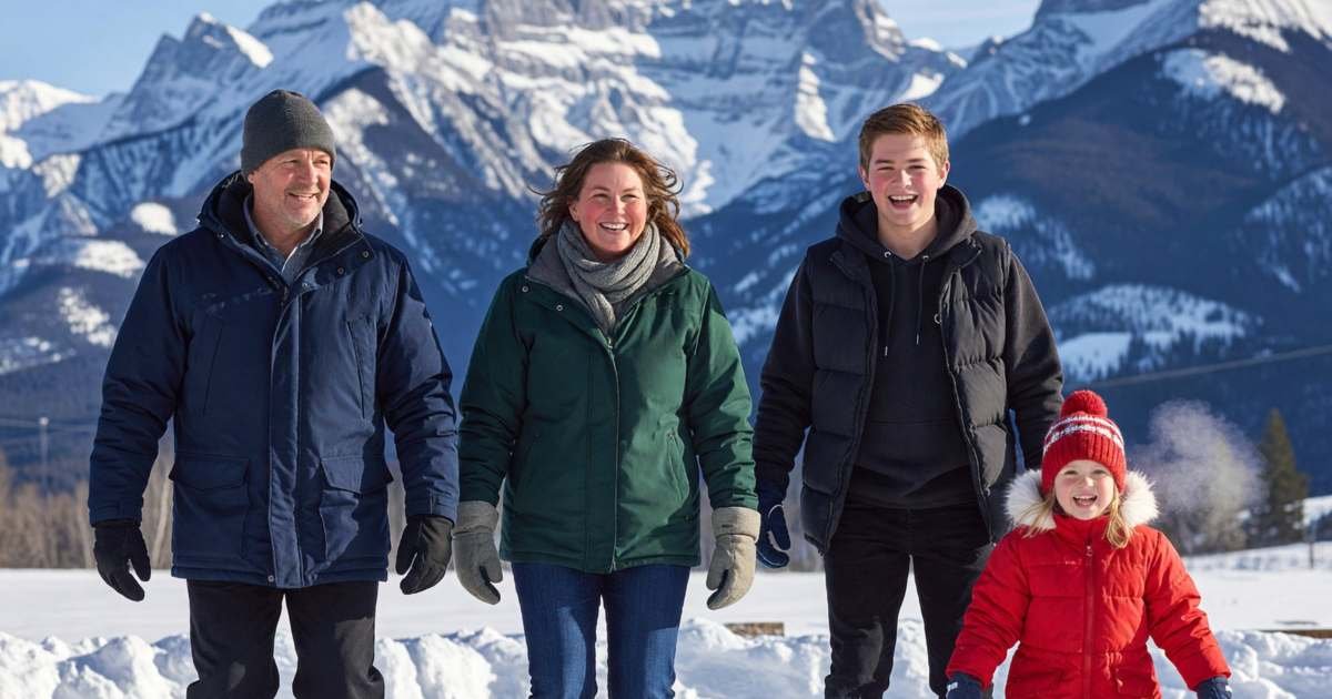 A family skating on an outdoor rink with mountains behind during a winter break, illustrating alternatives to peak March Break travel prices.