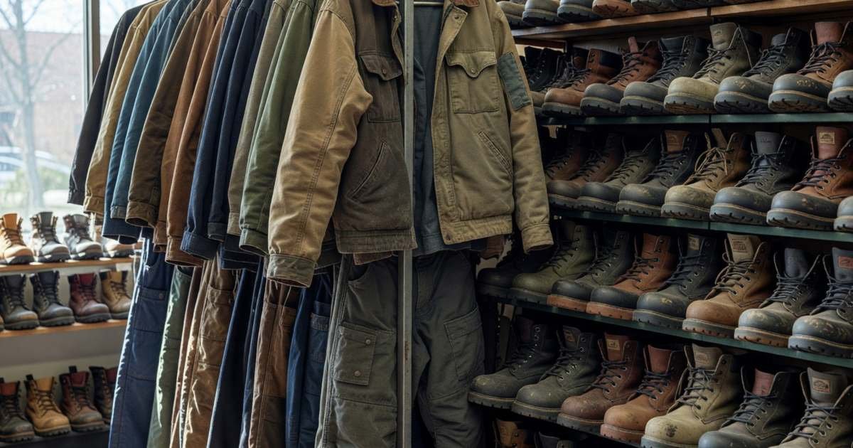 A rack of heavy work jackets and insulated work pants beside a wall of work boots, illustrating Mark's and Sport Chek clothing value and Triangle Rewards.