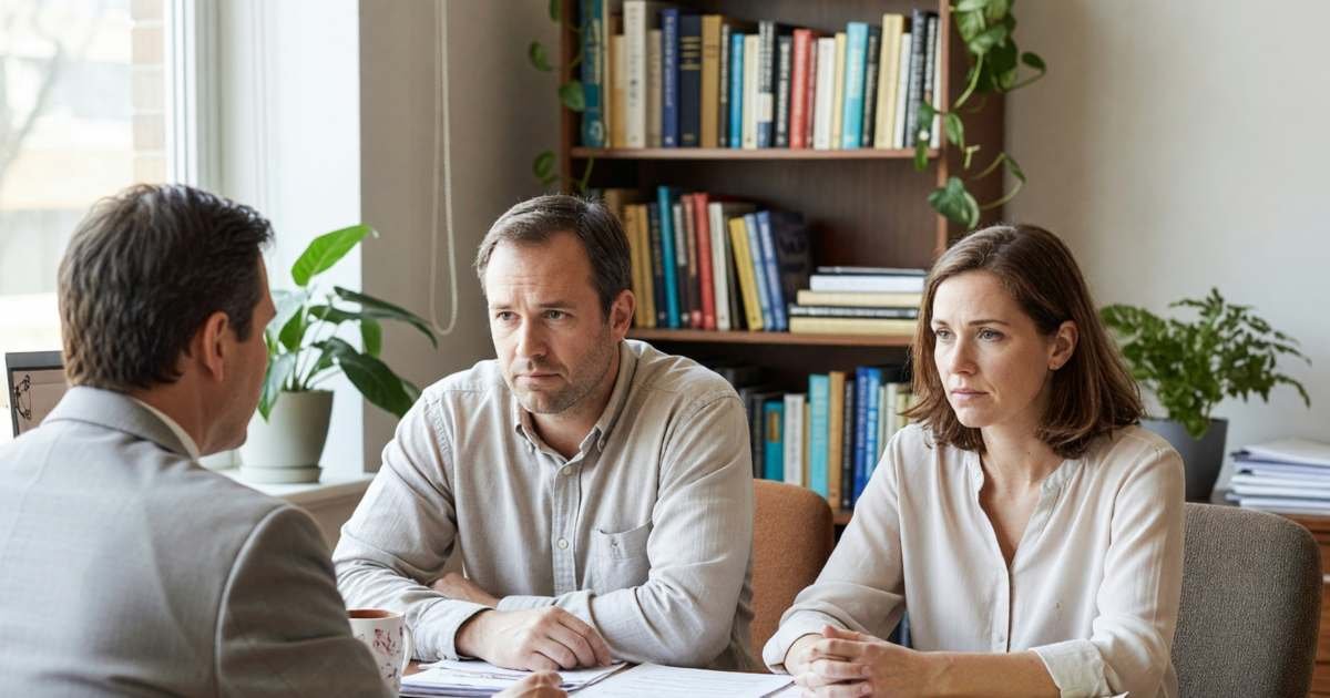 A couple in their thirties sitting across a lawyer's desk in a bright office, listening seriously, illustrating marriage contracts and prenups in Ontario.