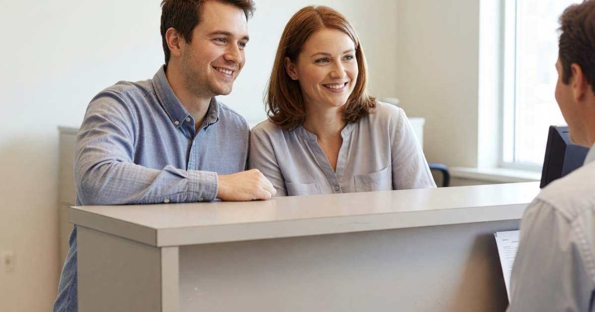 An engaged couple at a municipal service counter, smiling at the clerk, illustrating marriage licence fees and rules by province in 2026.