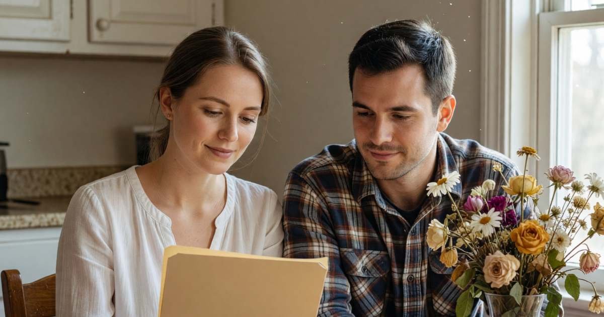 A newlywed couple at their kitchen table, the woman holding a closed plain folder, illustrating how marriage affects your will in Ontario.
