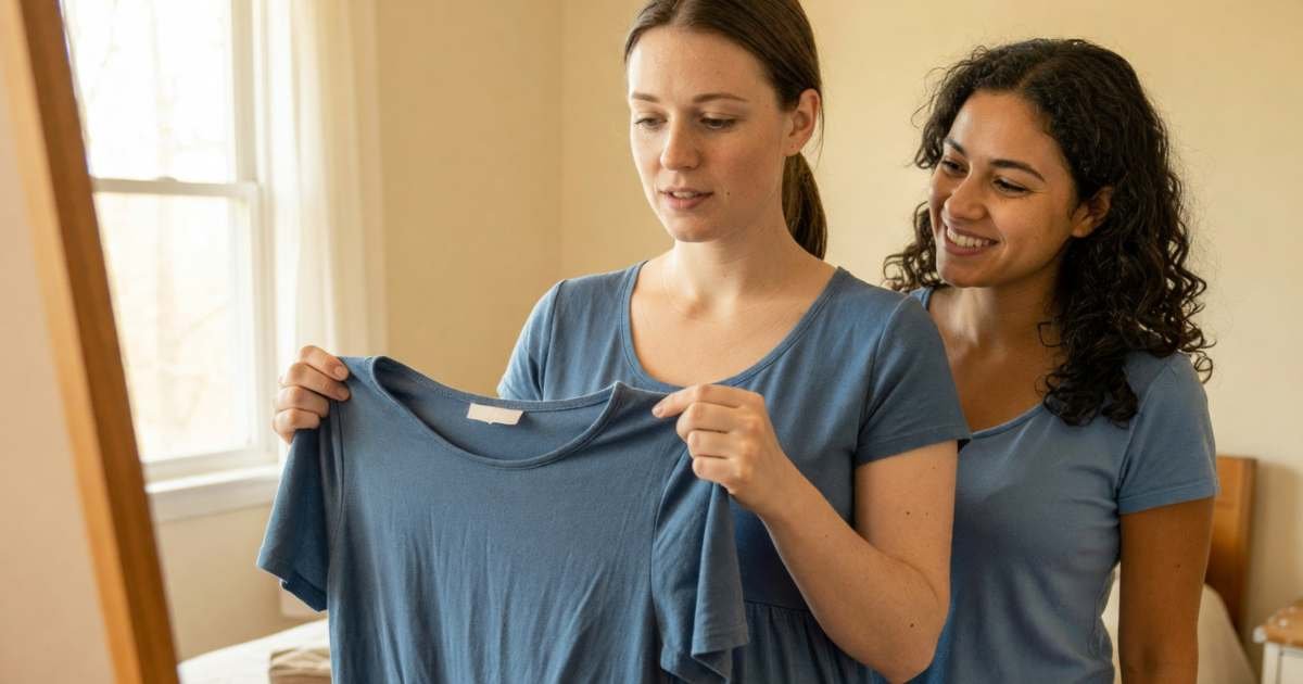 A pregnant woman holding up a borrowed maternity dress in front of a mirror, her friend smiling, illustrating maternity clothes on a budget.