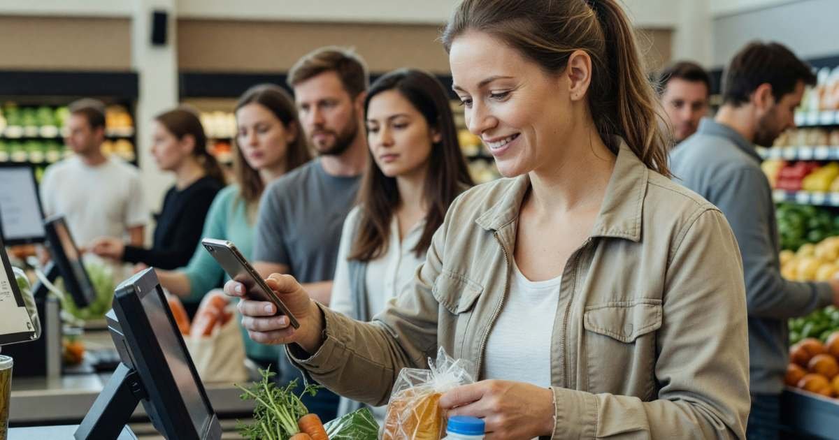 A woman at a self-checkout bagging groceries and tapping her phone to the scanner, illustrating maximizing PC Optimum points without overspending.