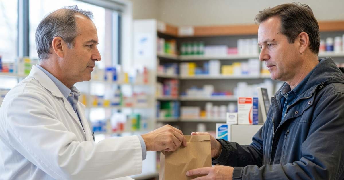 A pharmacist handing a paper prescription bag to a middle-aged man across the counter, illustrating getting the most from workplace drug coverage in Canada.