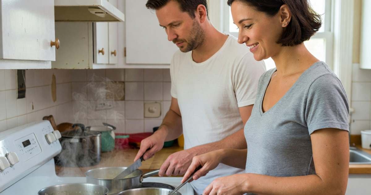 A couple cooking dinner together from fresh ingredients in their kitchen, illustrating keeping or cancelling a meal-kit subscription after the promo.