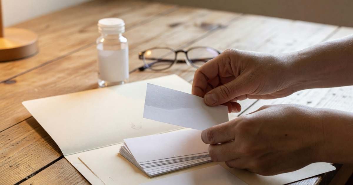 Close-up of hands sorting a few small plain white paper slips into a folder on a kitchen table beside a pill bottle and reading glasses, illustrating the medical expense tax credit in Canada.