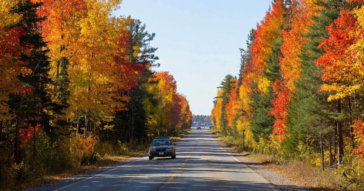 A car driving along a two-lane highway through northern forest towards a distant town, illustrating claiming medical travel costs in Canada.