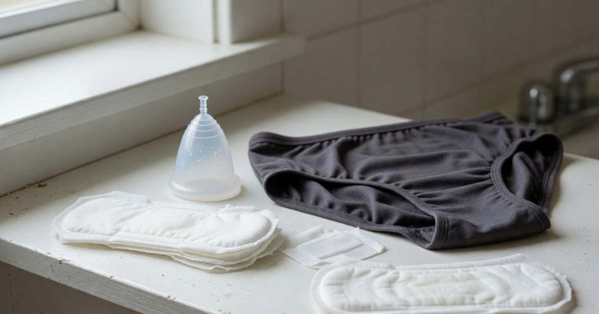 A reusable menstrual cup, period underwear and a few plain pads on a bathroom shelf, illustrating menstrual product costs in Canada.