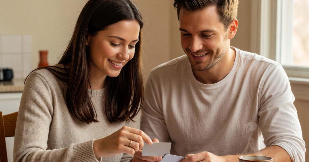 A young married couple sitting side by side at a kitchen table sorting two small stacks of household bills and two debit cards into one pile, the woman sliding a card toward her husband, both smiling, illustrating merging finances after the wedding.