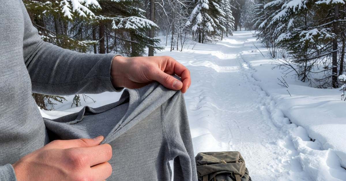 Hands pulling on a merino base layer top before a winter hike, illustrating merino and synthetic base layers for less.