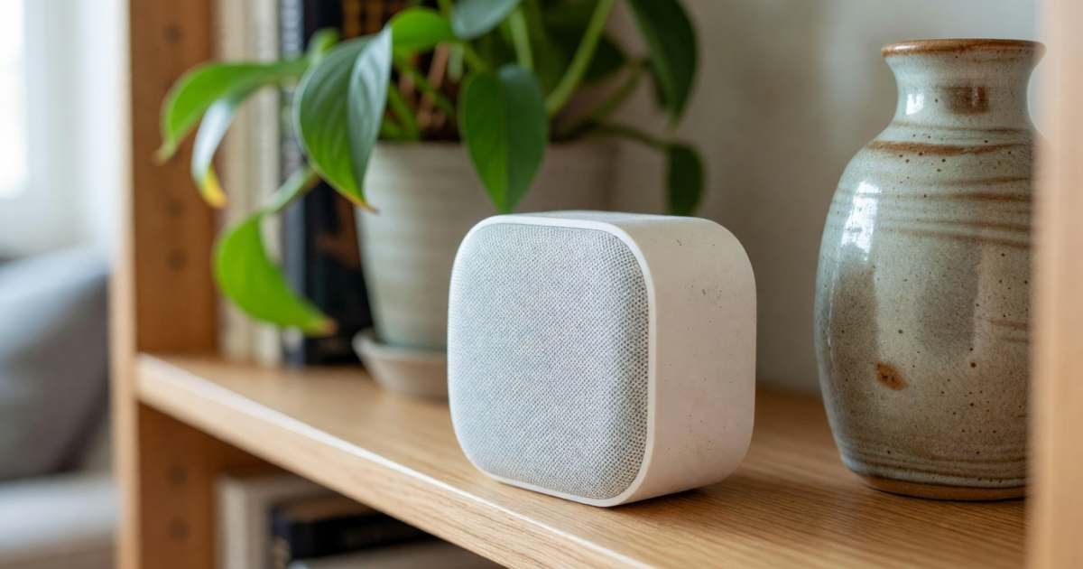 A small white mesh Wi-Fi pod on a bookshelf next to a plant and a ceramic vase, illustrating mesh Wi-Fi versus renting ISP extenders.