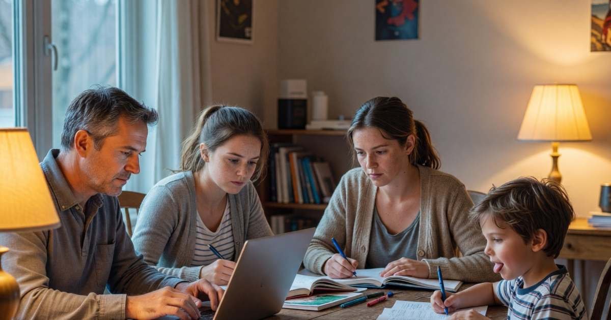 A family of four each working on laptops and homework at a long dining table, illustrating Microsoft 365 Personal versus Family plan.