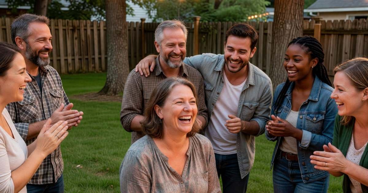 Friends celebrating a woman's 50th birthday in a backyard with a homemade cake, illustrating milestone birthday party costs.