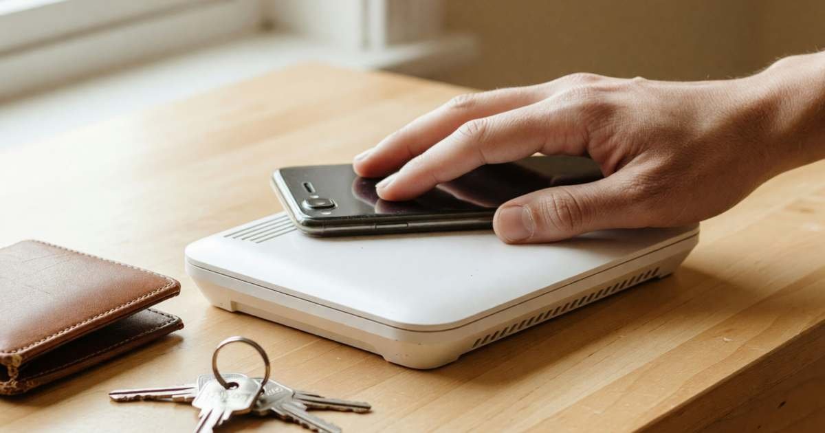 A hand holding a smartphone face down on top of a plain white router on a hall table, illustrating mobile and home internet loyalty discounts in Canada.