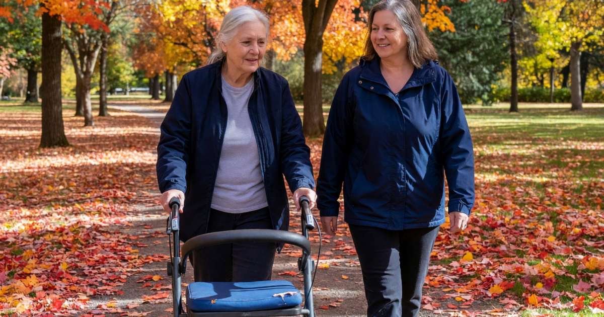An older woman walking with a rollator walker on a park path with her daughter, illustrating paying for walkers, wheelchairs and mobility aids in Canada.