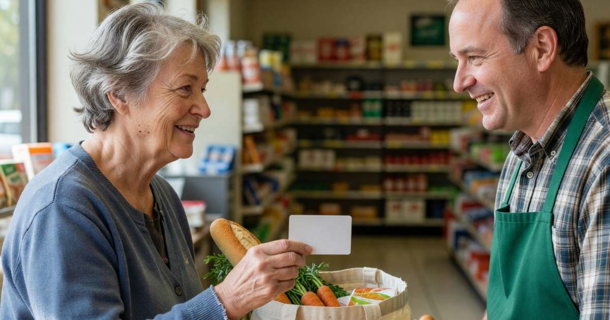 An older woman paying at a neighbourhood grocery checkout with a blank card, chatting with the cashier, illustrating Moi Rewards in Ontario and Quebec.