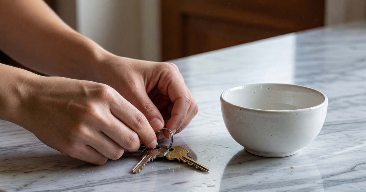 Close-up of hands placing a set of house keys on a kitchen counter beside a small plain ceramic bowl, illustrating mortgage prepayment privileges in Canada.