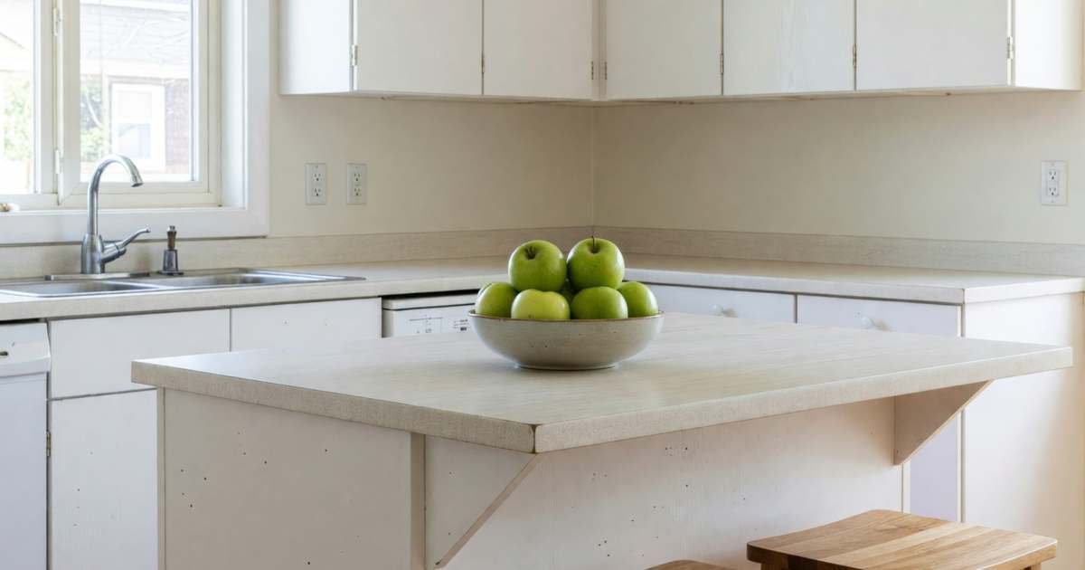 A sunlit kitchen in a house for sale, staged with a bowl of green apples and two stools at the island, illustrating the mortgage stress test and how it caps purchase price.