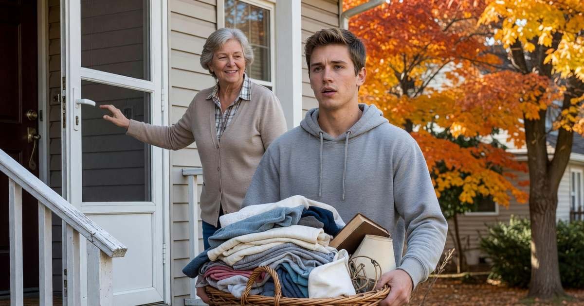 A young adult carrying a laundry basket of belongings up the front steps while his mother holds the door open, smiling, illustrating moving back in with parents in Canada to save money.
