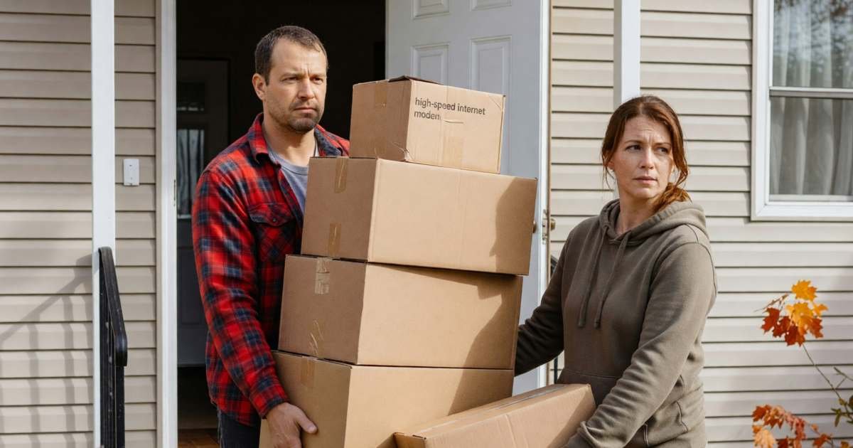 A couple carrying moving boxes into a new house, a modem box on top of the pile, illustrating transferring or switching internet when you move.