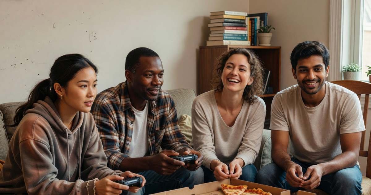 Friends gathered around a coffee table playing a video game and eating pizza, illustrating movie or game night at home.