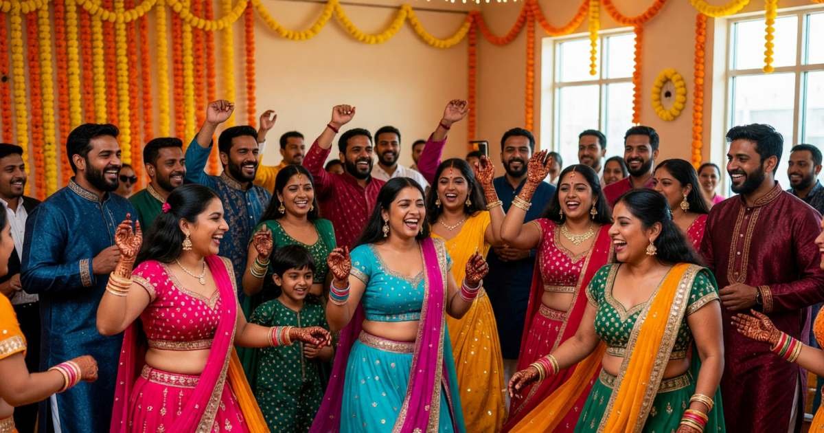 Guests in colourful traditional South Asian outfits dancing at a lively mehndi night, illustrating budgeting multi-day cultural weddings.