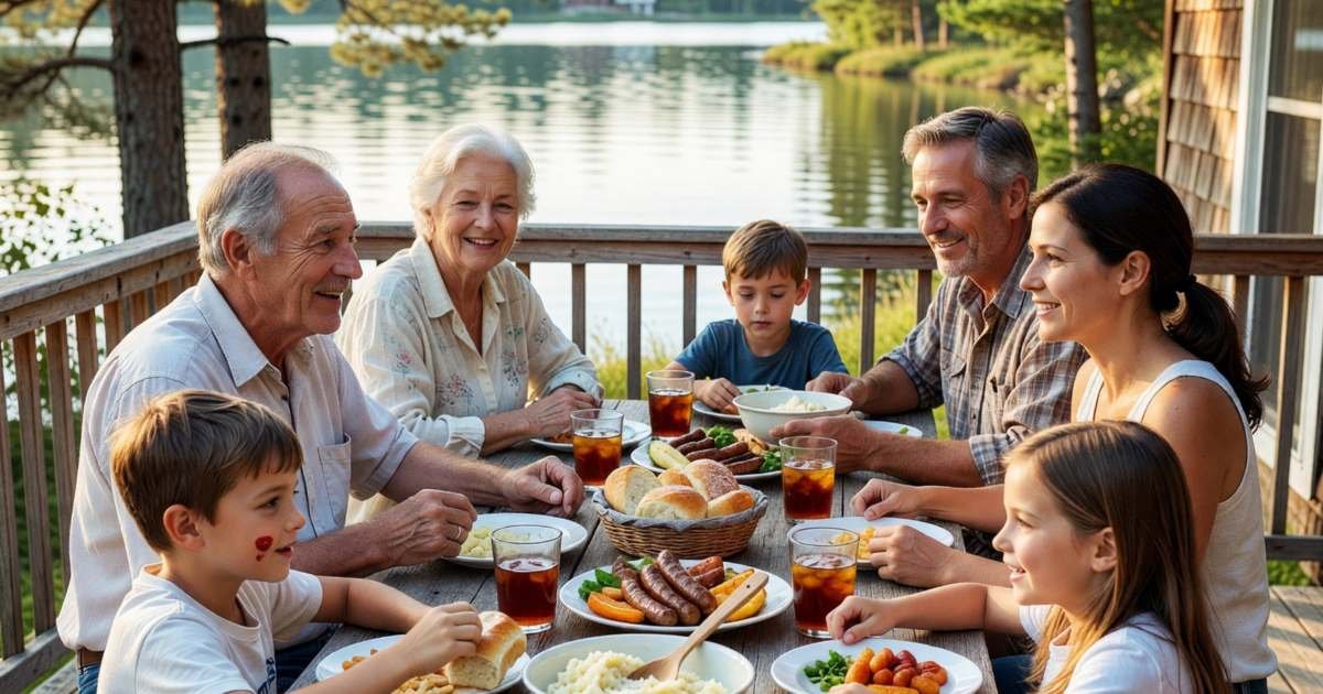 Grandparents, parents and kids sharing a meal at a long table on a cottage deck, illustrating splitting costs fairly on multi-generation trips.