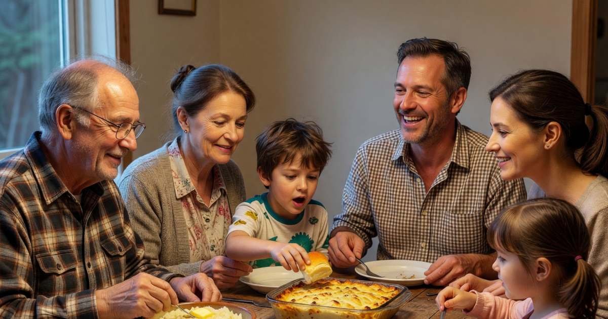 Three generations sharing dinner at a big kitchen table, grandparents, parents and two children, illustrating multi-generational living costs for Canadian families.