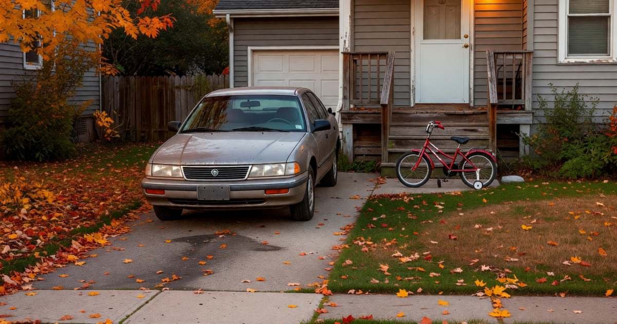 A family car parked in front of a home with a porch light on and a child's bike on the porch, illustrating multi-policy discounts across auto, home and life insurance.