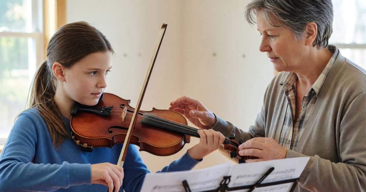 A girl taking a violin lesson with her teacher in a sunlit room, illustrating music lesson costs and renting versus buying an instrument.