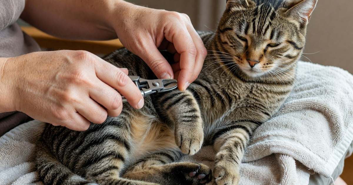 Hands trimming a cat's nail with small clippers while the cat sits on a lap, illustrating cat nail trims and grooming, DIY versus paying.