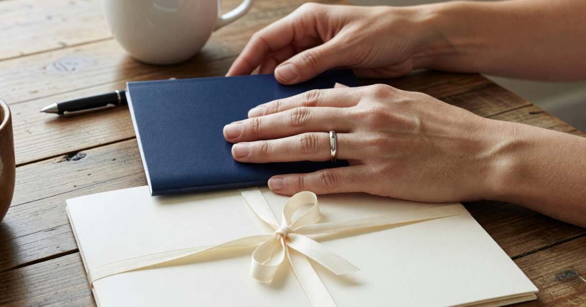 Close-up of a woman's hands with a new wedding ring holding a closed plain dark blue booklet and a closed cream folder tied with ribbon on a wooden table, illustrating changing your name after marriage in Canada.