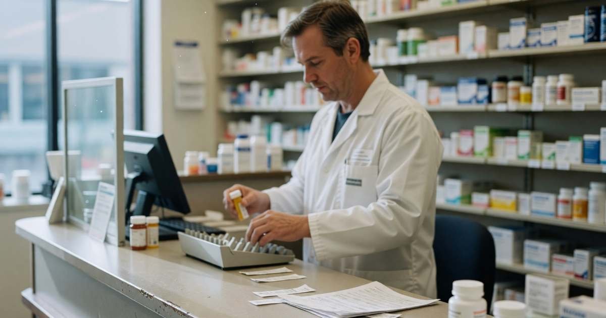 A pharmacy prescription counter with a pharmacist preparing medication in the background, illustrating national pharmacare coverage in 2026.