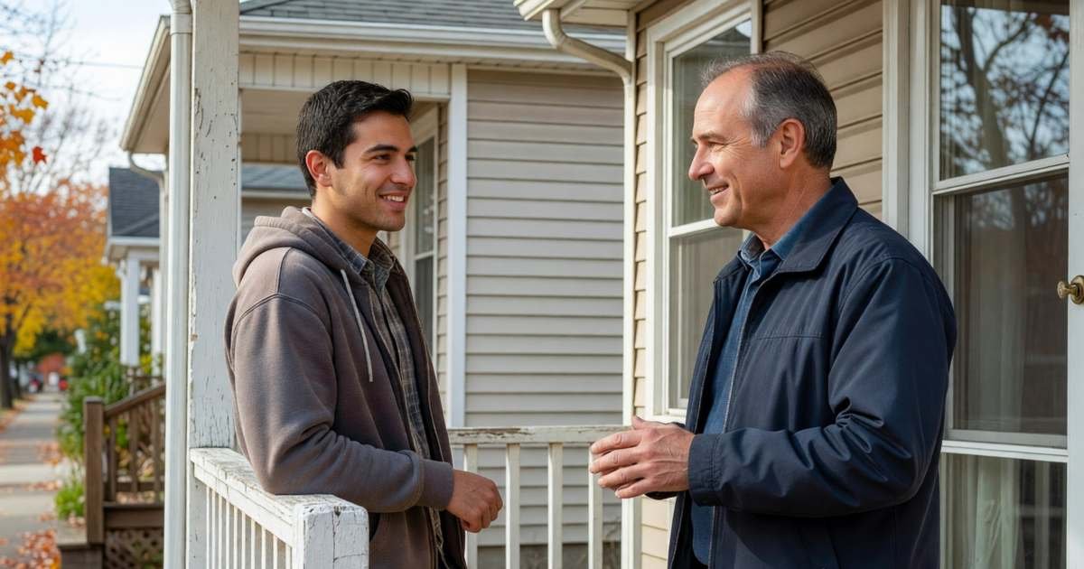 A young man and his landlord talking politely on the front porch of a duplex, illustrating negotiating a Canadian rent renewal.
