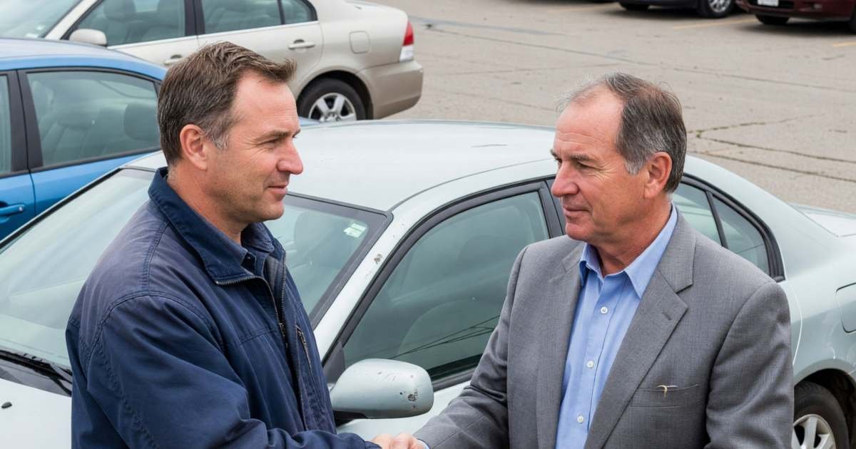 A buyer and a used car salesman standing beside a car on a lot, the buyer shaking his head politely, illustrating negotiating a used car price without add-on traps.