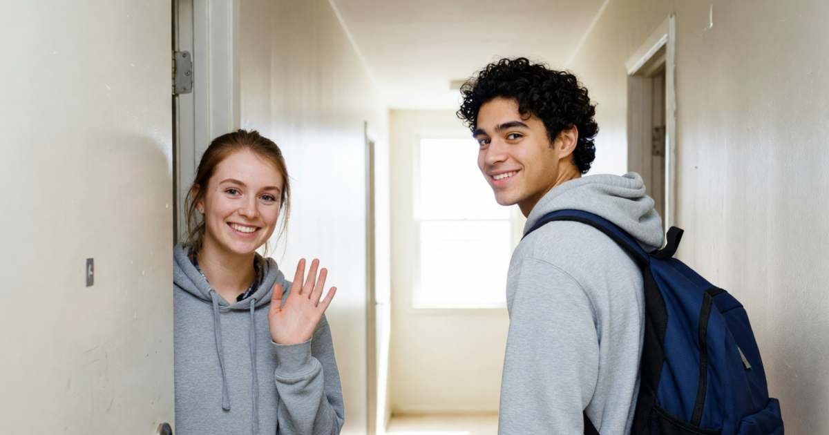 Two university friends in separate apartments, one waving goodbye at the door as the other leaves with a backpack, illustrating Netflix sharing and household rules in Canada.