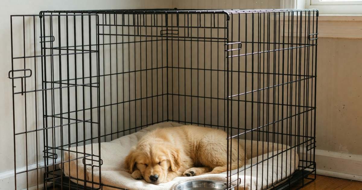 A new puppy crate set up with a bed, a water bowl and a chew toy in a living room corner, illustrating a new puppy or kitten supply list.