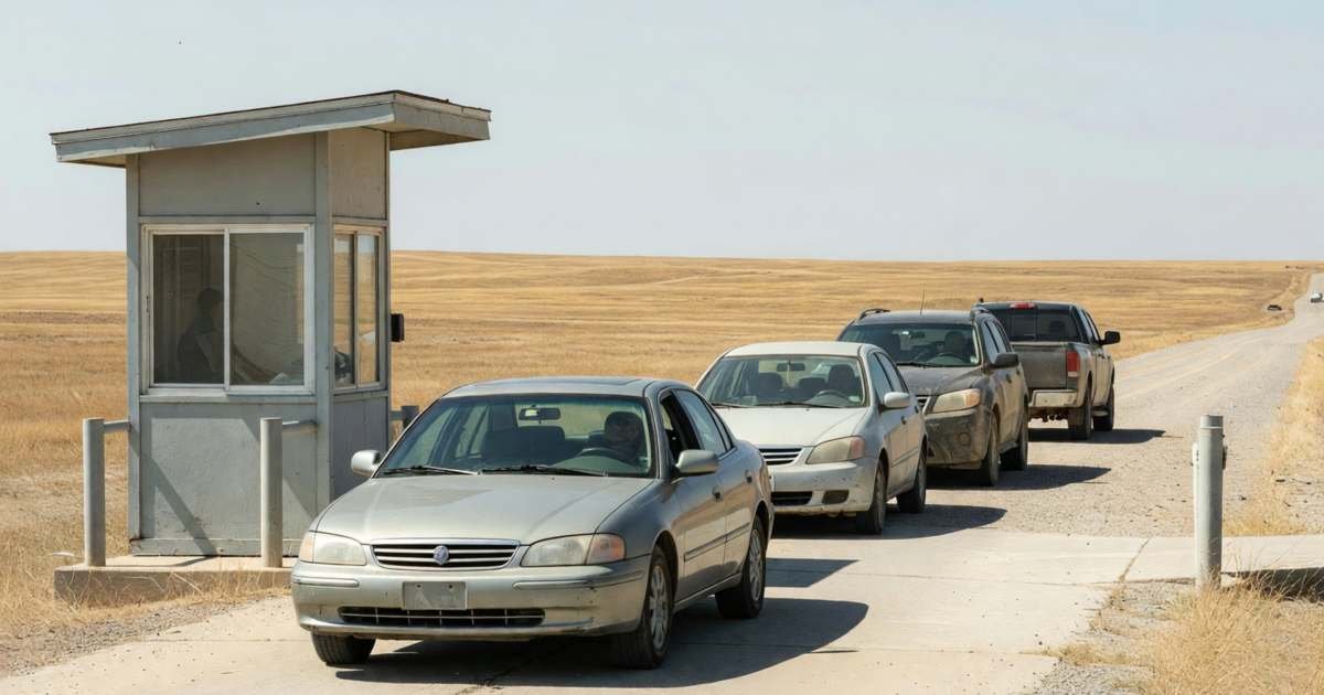 A car at a land border crossing booth with a short line of cars behind, illustrating NEXUS versus Global Entry for Canadians.