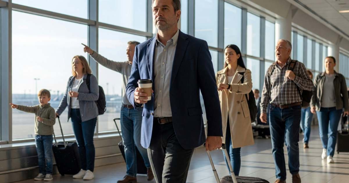 A business traveller striding through an airport terminal with a carry-on and a coffee, illustrating whether NEXUS is worth it for Canadian households.