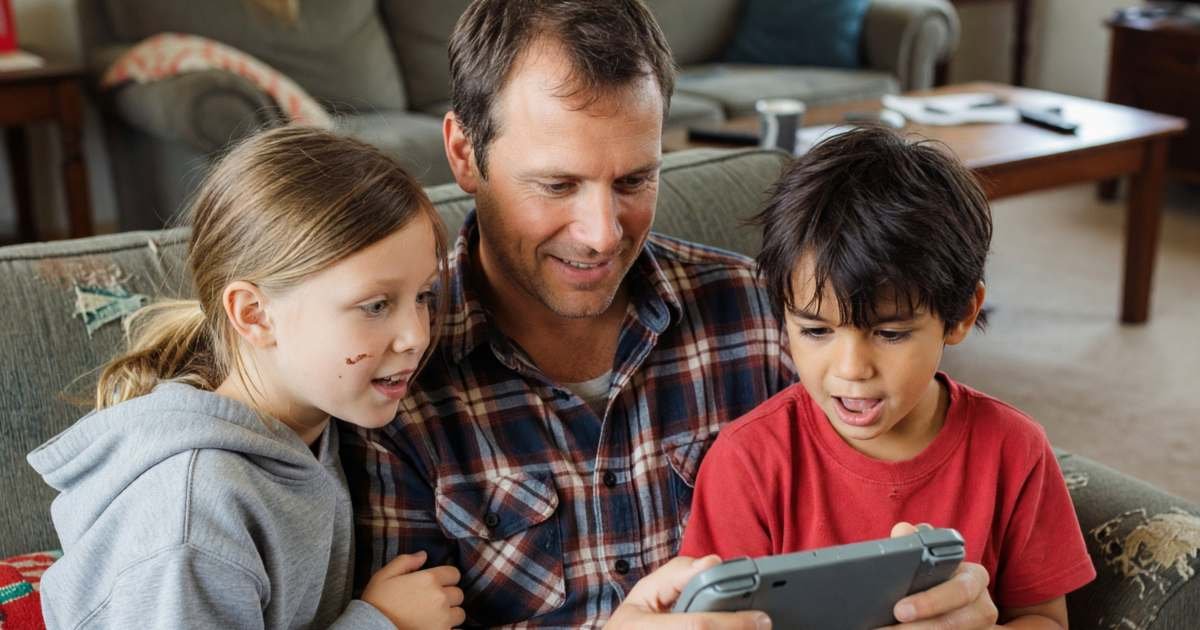 A father and two kids playing a handheld game console together on a sofa, illustrating Nintendo Switch Online family membership.